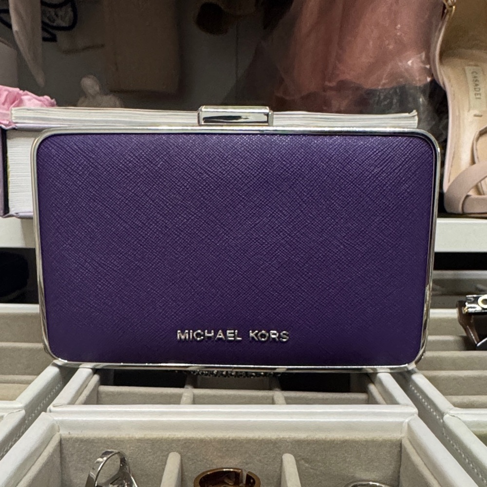 NEW Michael Kors Leather Miniaudière Violet Clutch with Silver Trim